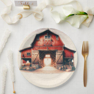 Assiettes En Carton Grange Rouge Ancien Mariage Rustique à la Campagne