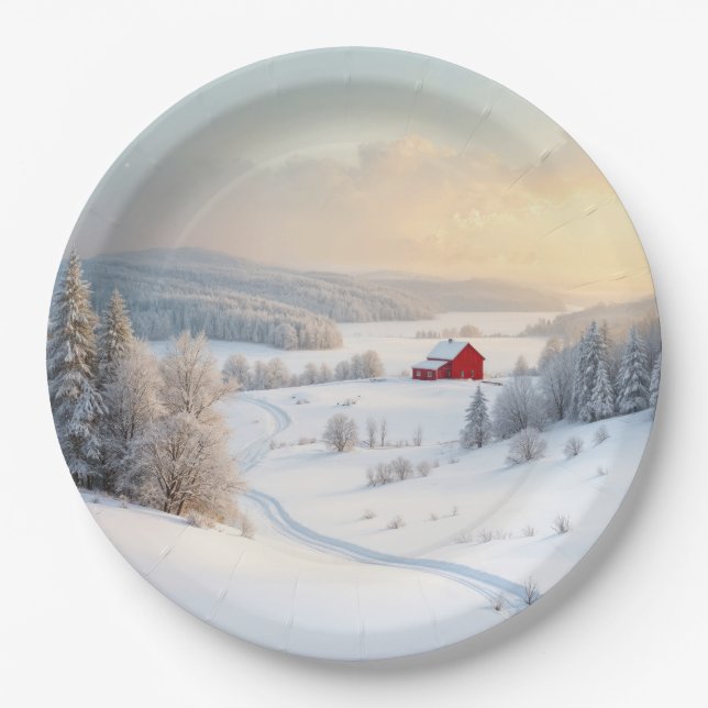 Assiettes En Carton Grange Rouge Noël Dans Le Pays Neige (Devant)