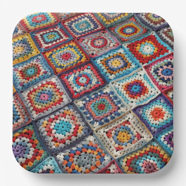 Assiettes En Carton Granny Carré Crocheted Quilt (Recto)