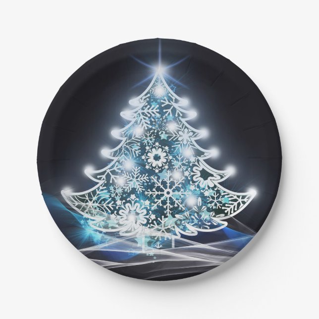 Assiettes En Carton Graphique d'arbre de Noël bleu moderne (Devant)