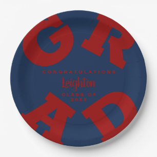 Assiettes En Carton Gras GRAD Rouge foncé sur Bleu Graduation personn
