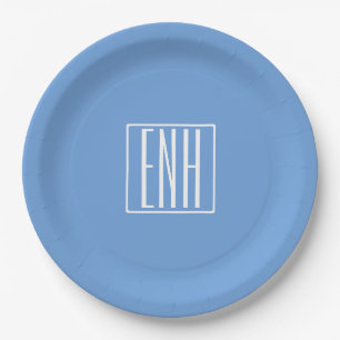 Assiettes En Carton Gras moderne 3 initiales Monogramme   Bleu doux