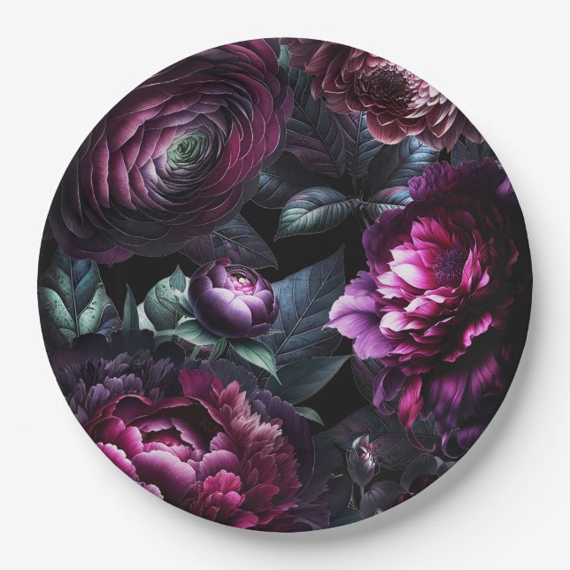 Assiettes En Carton Gras Moody Flowers Black Enchanted Floral Mariage (Devant)