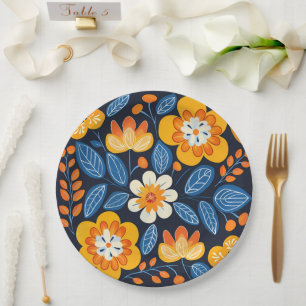 Assiettes En Carton Gras Retro Floral Illustration en orange et bleu