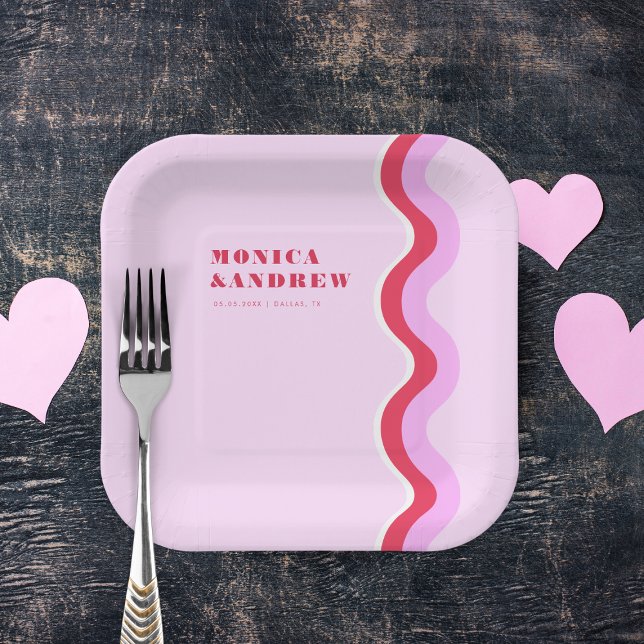 Assiettes En Carton Gras Retro Wave esthétique rose et Mariage rouge (Créateur téléchargé)