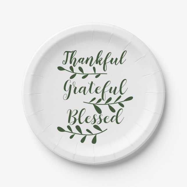 Assiettes En Carton Grateful Bienheureux vert foncé script moderne (Devant)