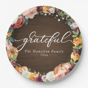 Assiettes En Carton Grateful Rustic Autumn Flowers Thanksgiving Dîner