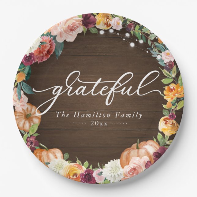 Assiettes En Carton Grateful Rustic Autumn Flowers Thanksgiving Dîner (Devant)