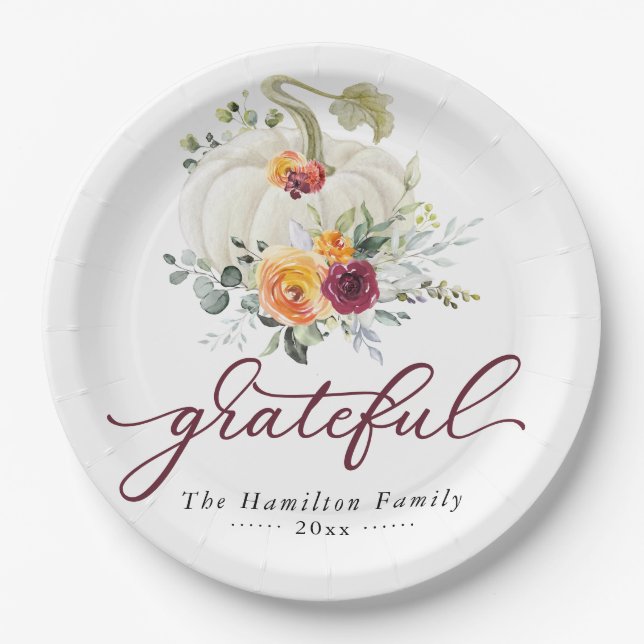 Assiettes En Carton Gratuit Bourgogne Floral Citrouille Thanksgiving (Devant)