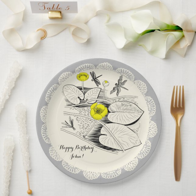 Assiettes En Carton Gravure de nénuphars (Mariage)
