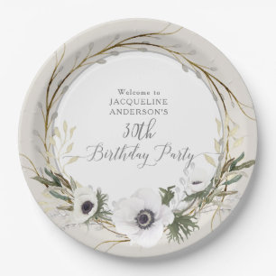 Assiettes En Carton Gray BOHO White Floral Twig Wreath Anniversaire