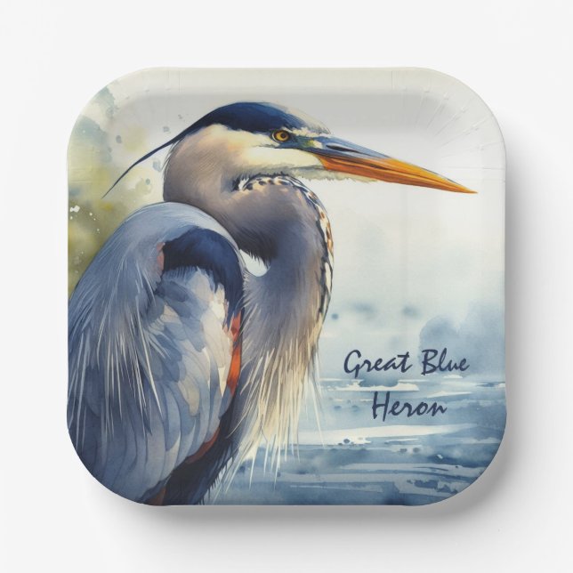Assiettes En Carton Great Blue Heron Aquarelle Oiseau Art Zones humide (Recto)