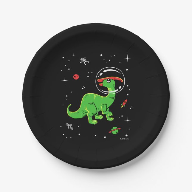Assiettes En Carton Green and Red Parasaurolophus Dinos In Space (Devant)