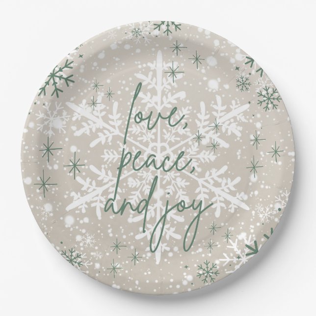 Assiettes En Carton Green Beige Snowflakes Love Peace Joy Holiday (Devant)