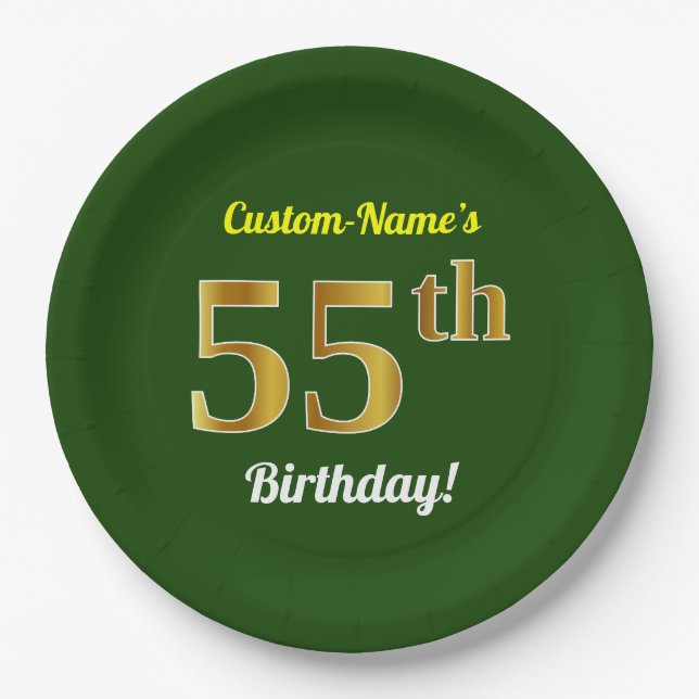 Assiettes En Carton Green, Faux Gold 55e anniversaire + Nom personnali (Devant)