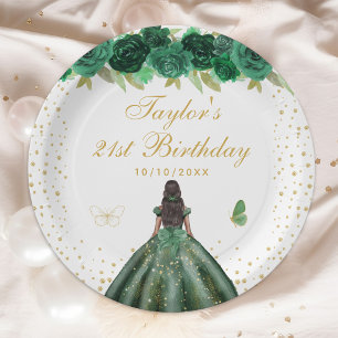 Assiettes En Carton Green Floral Dark Skin Princess Anniversaire