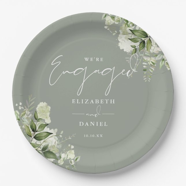 Assiettes En Carton Green Floral Sage Green Engagement Party (Devant)