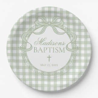 Assiettes En Carton Green Gingham Coquette Bow Baptism