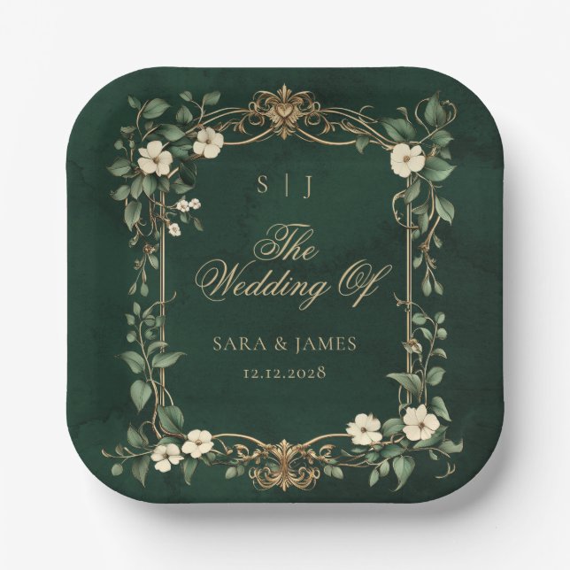 Assiettes En Carton Green Gold Art Nouveau Enchanted Wedding (Recto)