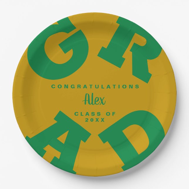 Assiettes En Carton Green Grad Text sur Gold Graduation Nom personnali (Devant)