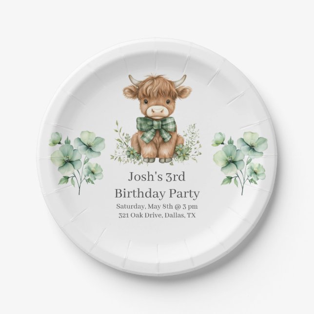 Assiettes En Carton Green Highland Cow fête d'anniversaire (Devant)
