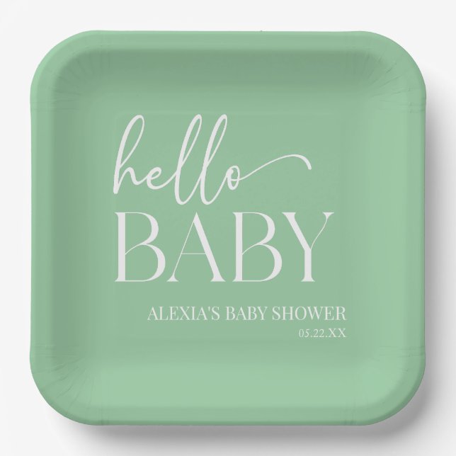 Assiettes En Carton Green Minimalist Hello Baby Baby shower (Recto)