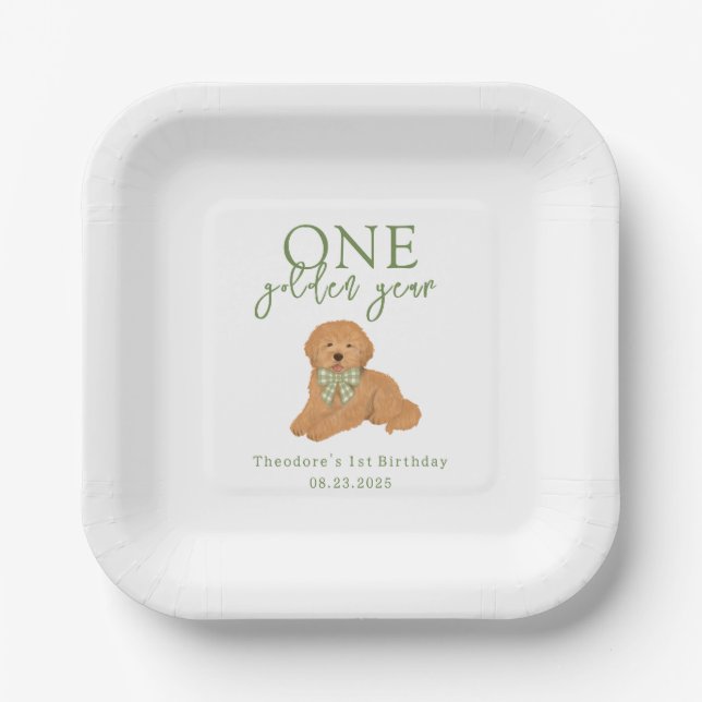 Assiettes En Carton Green One Golden Year Goldendoodle Birthday (Recto)