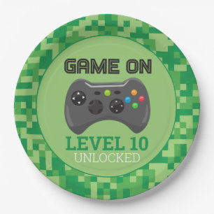 Assiettes En Carton Green Pixelellelevel up Video Game Anniversaire