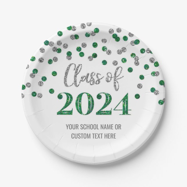 Assiettes En Carton Green Silver Confetti Graduation 2024 (Devant)