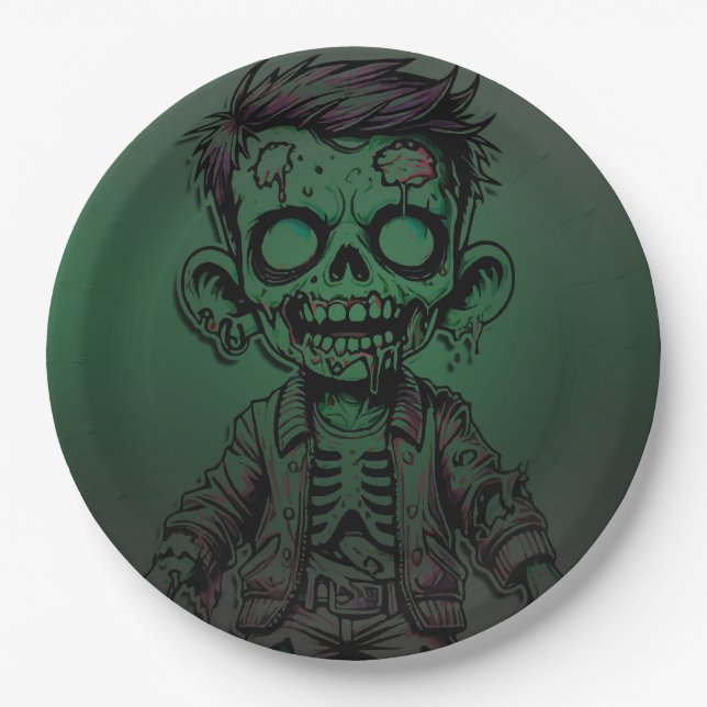 Assiettes En Carton Green Zombie Enfant Halloween fête d'anniversaire (Devant)