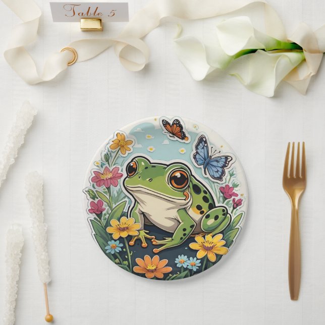 Assiettes En Carton Grenouille aux fleurs et papillons (Mariage)