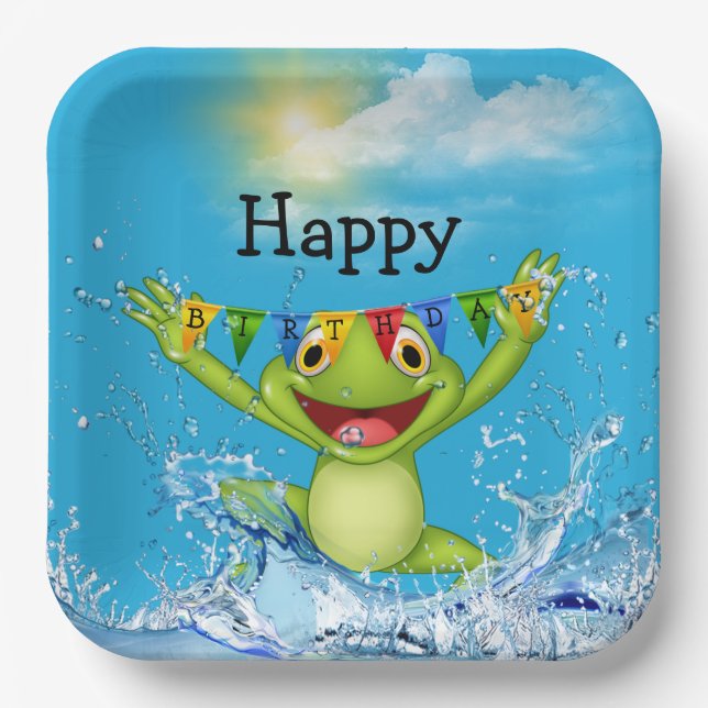 Assiettes En Carton Grenouille d'anniversaire qui saute hors de l'eau (Recto)
