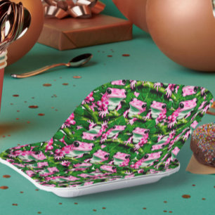 Assiettes En Carton Grenouille Rose Sur La Feuille Verte Motif Design