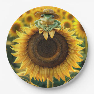 Assiettes En Carton Grenouille sur un tournesol jaune
