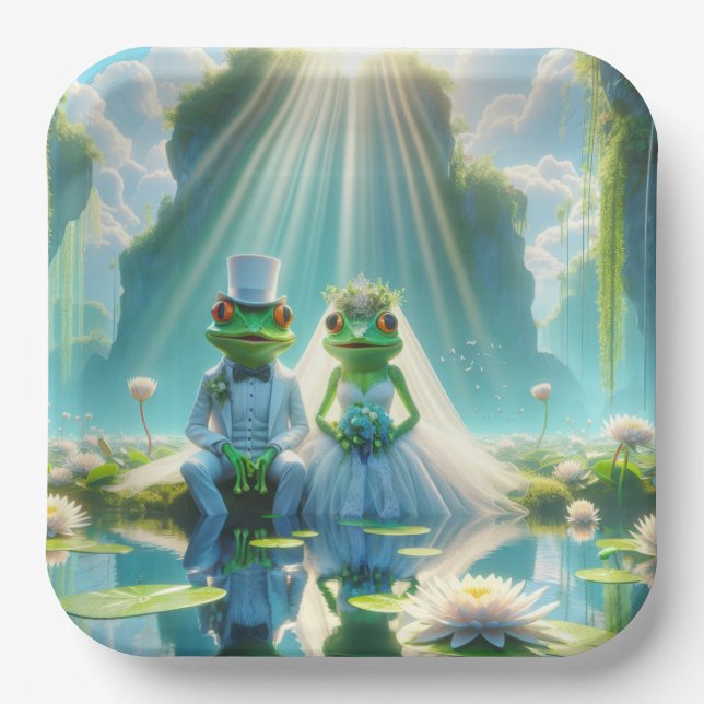 Assiettes En Carton Grenouilles de mariée et de chambre sur Lily Pad (Recto)