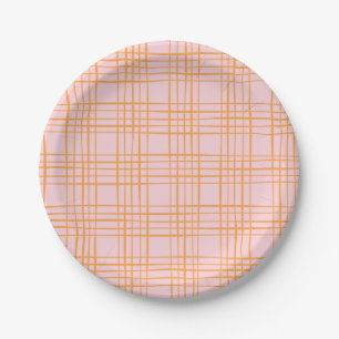 Assiettes En Carton Grille mignonne Lignes Motif Pastel rose et orange