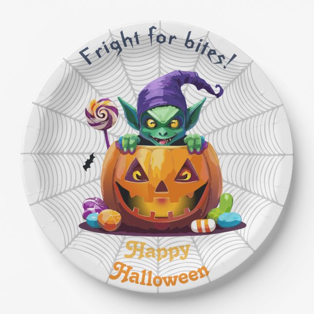 Assiettes En Carton Grimlin d'Halloween avec bonbons ou bonbons (Devant)