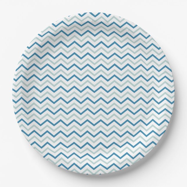 Assiettes En Carton Gris bleu et blanc Chevron (Devant)