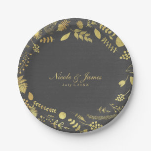 Assiettes En Carton Gris de charbon et Faux Or Plaques Mariages floral