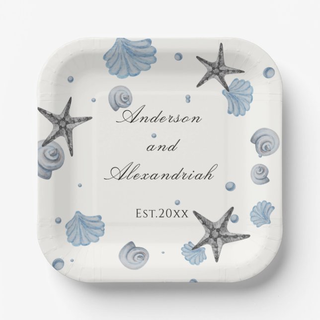 Assiettes En Carton Gris Starfish Bleu Shell Plage Papier de mariage P (Recto)