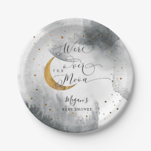 Assiettes En Carton Gris sur la lune Baby shower Gold Stars
