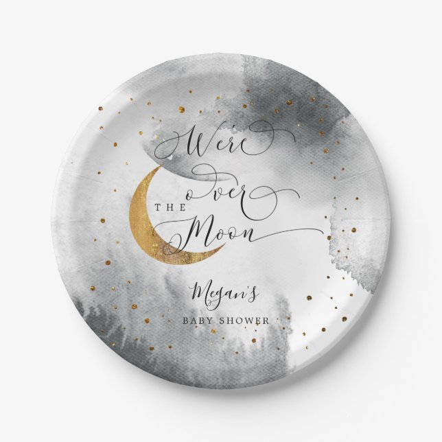 Assiettes En Carton Gris sur la lune Baby shower Gold Stars (Devant)