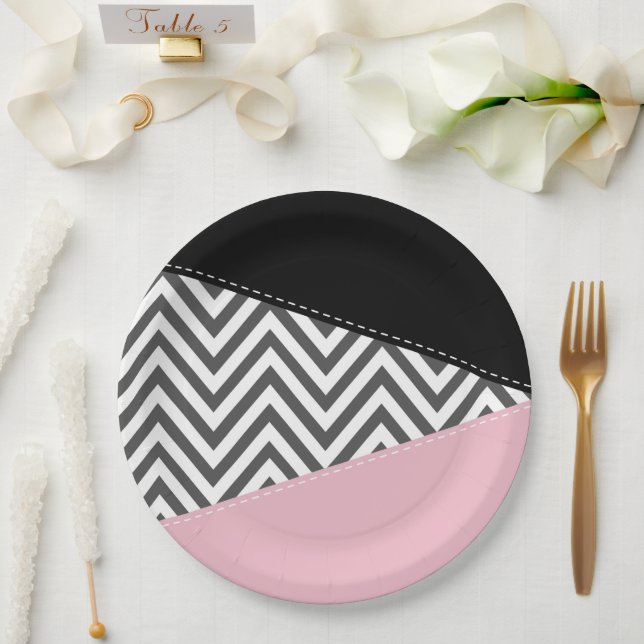 Assiettes En Carton Gris Zigzag, Gris Chevron, Motif Zigzag, Rose (Mariage)