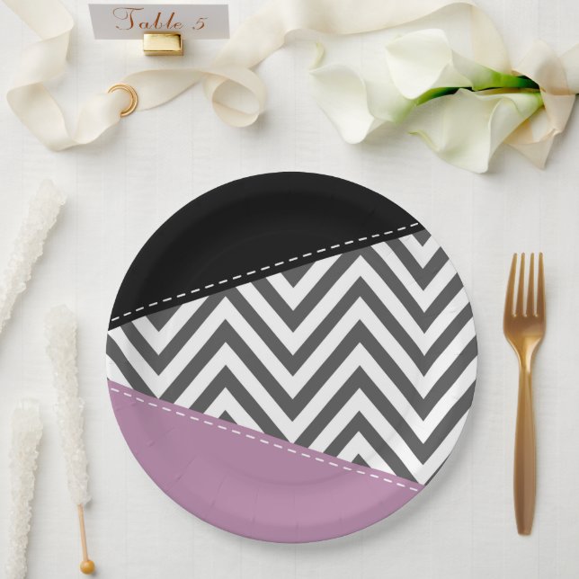 Assiettes En Carton Gris Zigzag, Gris Chevron, Motif Zigzag, Violet (Mariage)