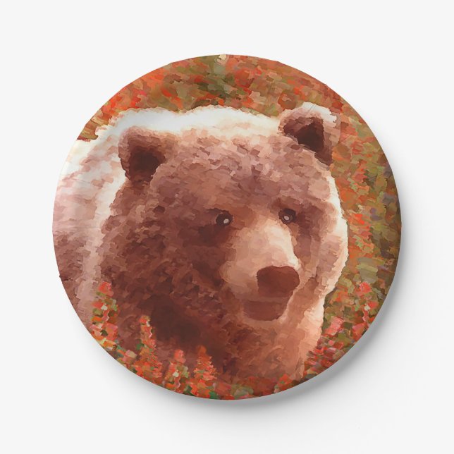 Assiettes En Carton Grizzly Bear Cub dans Fireweed Peinture Art de la  (Devant)