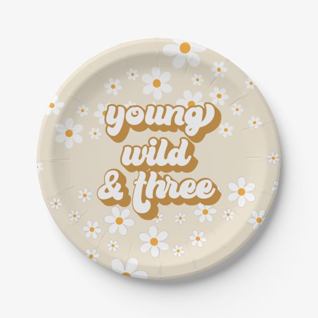 Assiettes En Carton Groovy Young Wild Trois Retro Daisy 3ème Anniversa (Devant)