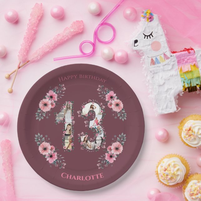 Assiettes En Carton Gros 13ème anniversaire Photo Collage Fille Fleur  (Fête)
