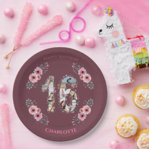 Assiettes En Carton Gros 16e anniversaire Photo Collage Fille Fleur ro