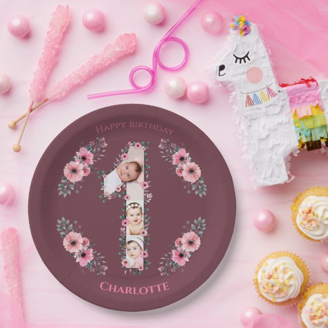 Assiettes En Carton Gros 1er anniversaire fille photo Collage Fleur ro (Fête)