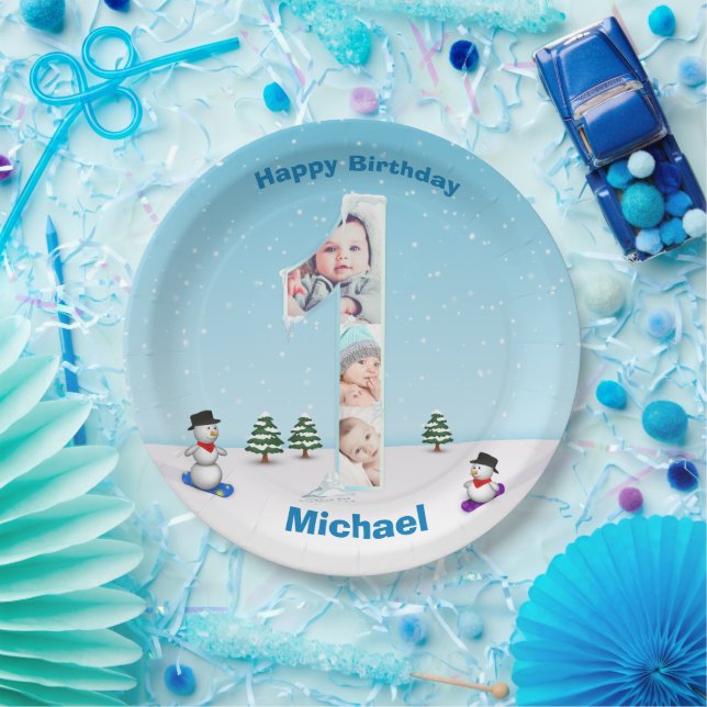 Assiettes En Carton Gros 1er anniversaire hiver glace neige Collage ph (Fête)